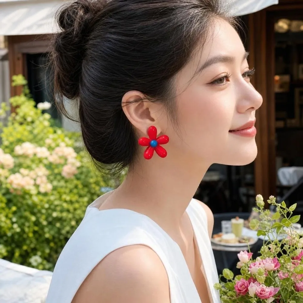Asymmetry Design Flower Stud Earrings Bright Color Colorful Enamel Drip Glaze Earrings Lightweight Blue and Red