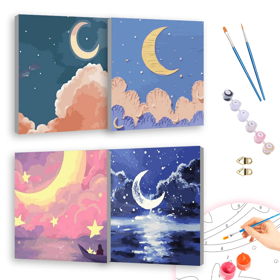 

RUOPOTY Painting By Numbers Moon Scenery Oil diy Drawing 20x20cm ready Frame Acrylic Paints For Beginner Simple Picture Kit Gift