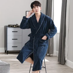 L-4XL Long Shower Robe Autumn Winter Plush Thicken Flannel Antistatic Double-side Coral Fleece Soft Men's Bathrobe Dressing Gown