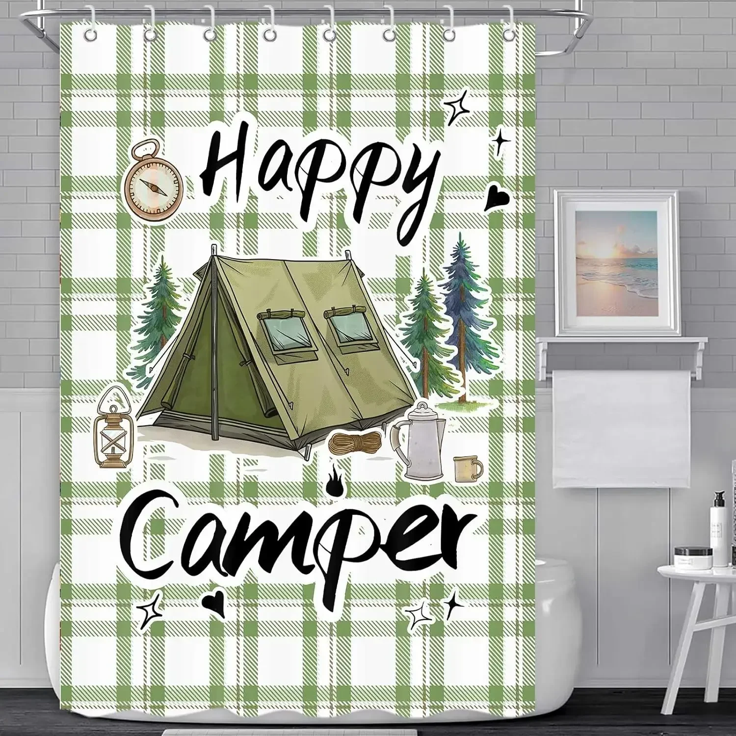 Travel Camper Shower Curtain RV Summer Ocean Surfboard Camping Palm Tree Rustic Plank Polyester Fabric Bathroom Decor Curtains