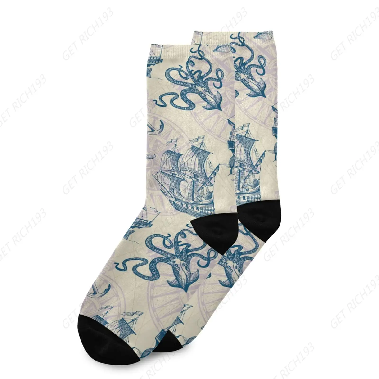 Vintage Sailing Ships Anchor,Sea Octopus Monster Ocean Map 1 Pc Casual Compression Crew Sock Soft Socks For Runningtravel