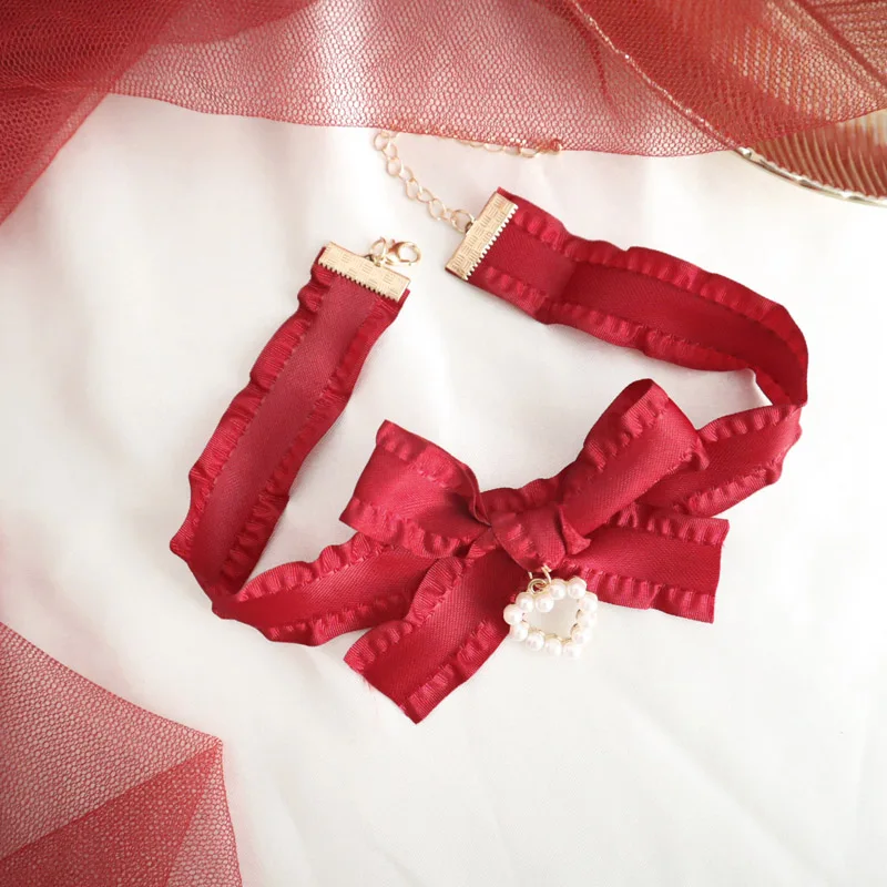 Red Lace Lady Neck Jewelry Accessories Girl Gift Gothic Openwork Heart Choker for Women Bow Ribbon Necklace