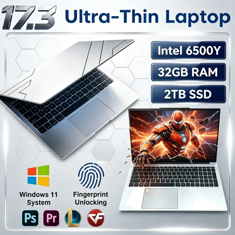 17.3" Portable High Definition Notebook Intel 6500Y CPU 32GB 2TB SSD Windows11 Big Display Light Laptop For Home Use