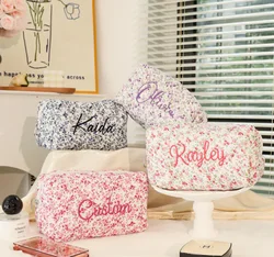 Personalized Flower Makeup Bag for Bridesmaid, Custom Embroidered Name Cosmetic Bag, Birthday Gift for Girl, Christmas Gift