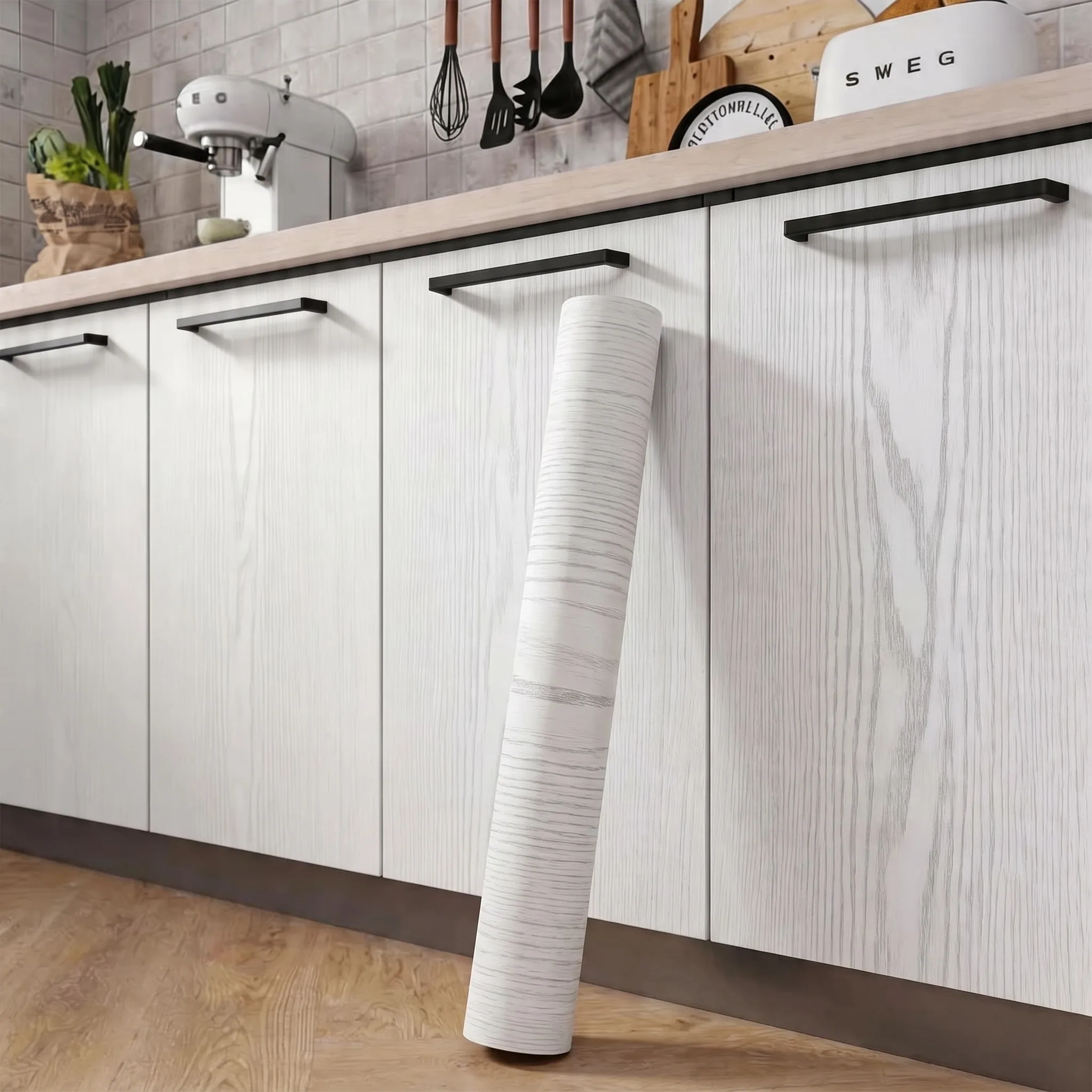 Pure White Wood Grain Self-Adhesive Wallpaper Waterproof Furniture Renovation Sticker for Wardrobe Door Desktop Home Decor