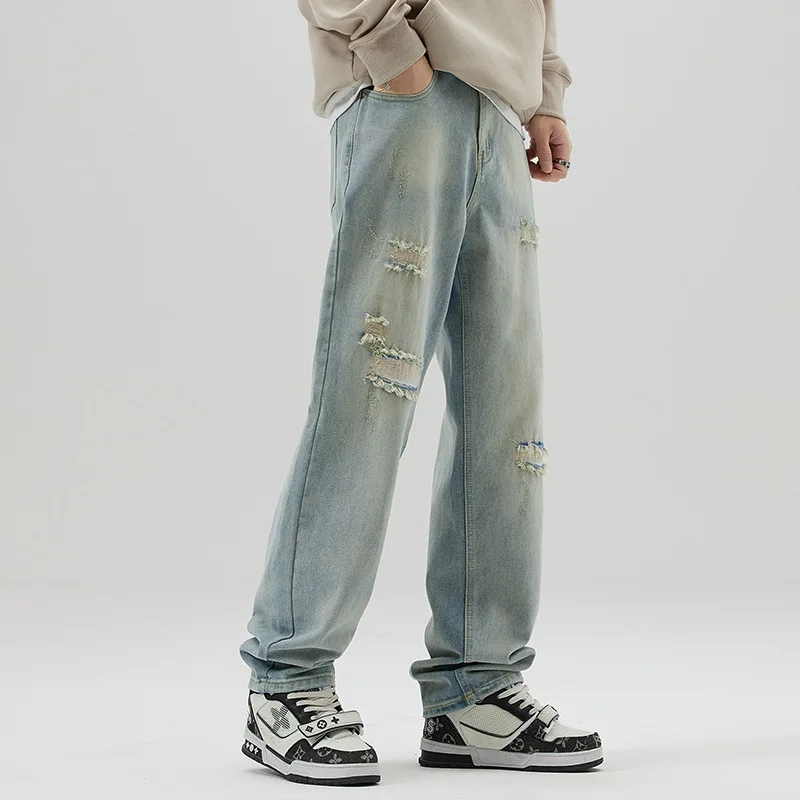 2023 New Distressed Jeans Men's Trend Versatile Autumn Straight Loose Light Pants men clothing  ripped jeans