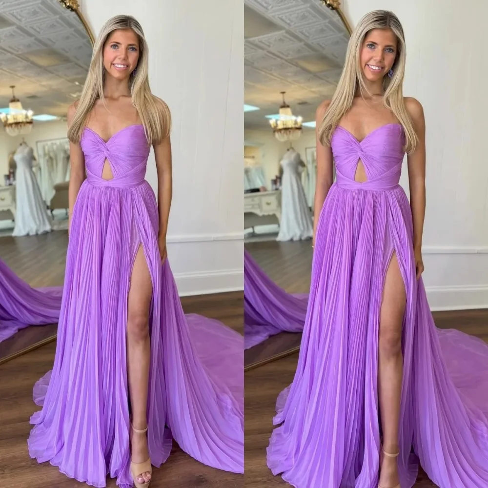 Women's Lavender A Line Ball Gown Sweetheart Keyhole Evening Gown Elegant Thigh Slit Backless Satin Gown Formal Gown