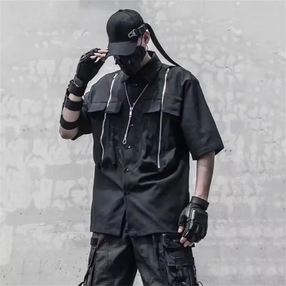 

Techwear Cargo Casual Shirts Men Tactical Short Sleeve Shirt for Men Streetwear Punk Oversized Harajuku Tops Summer Mens Clothes