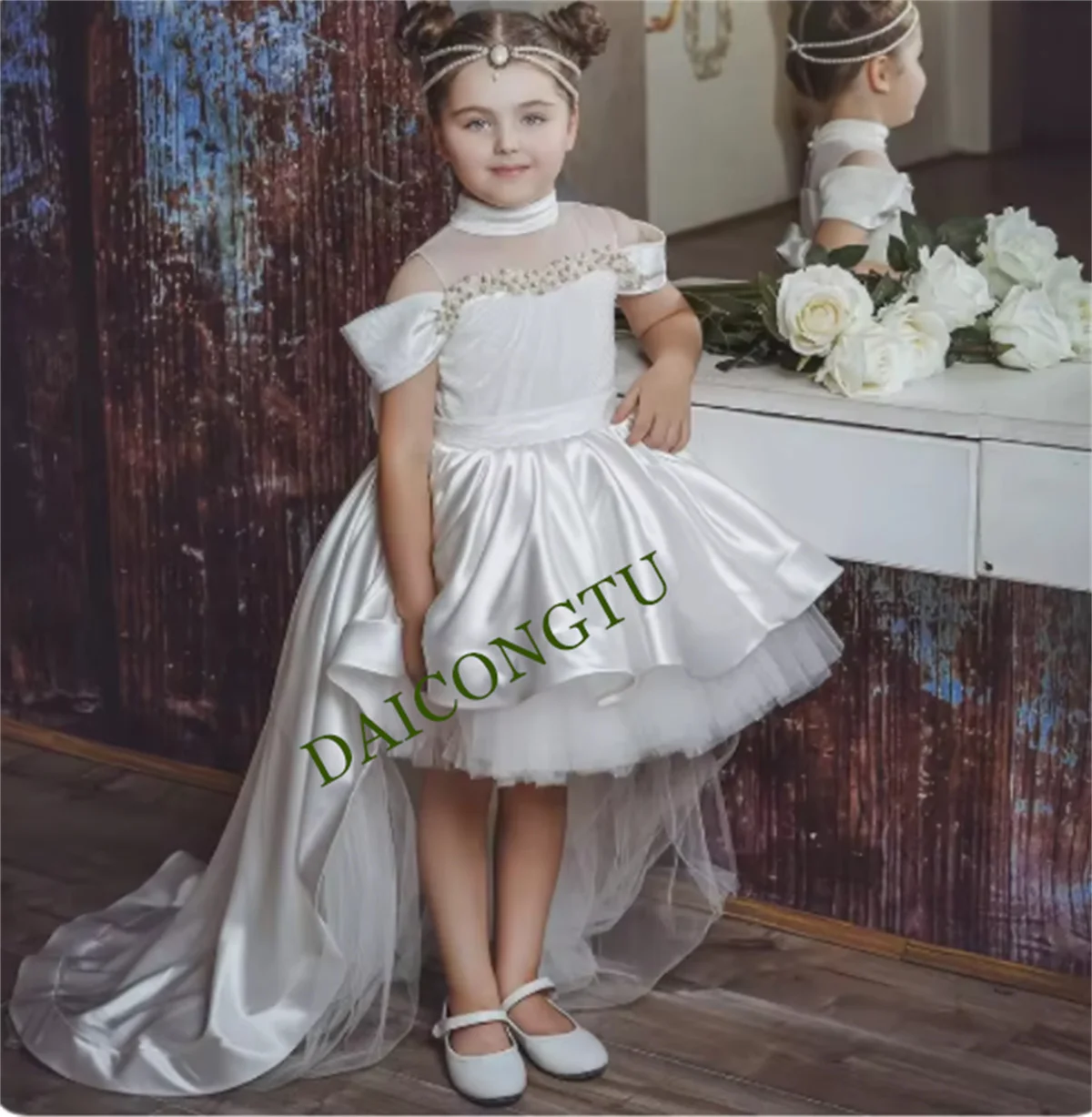 CustomizedPink Princess Flower Girl Dress with Detachable Train | Tiered Tulle & Satin Ball Gown for Weddings & Birthday Banquet