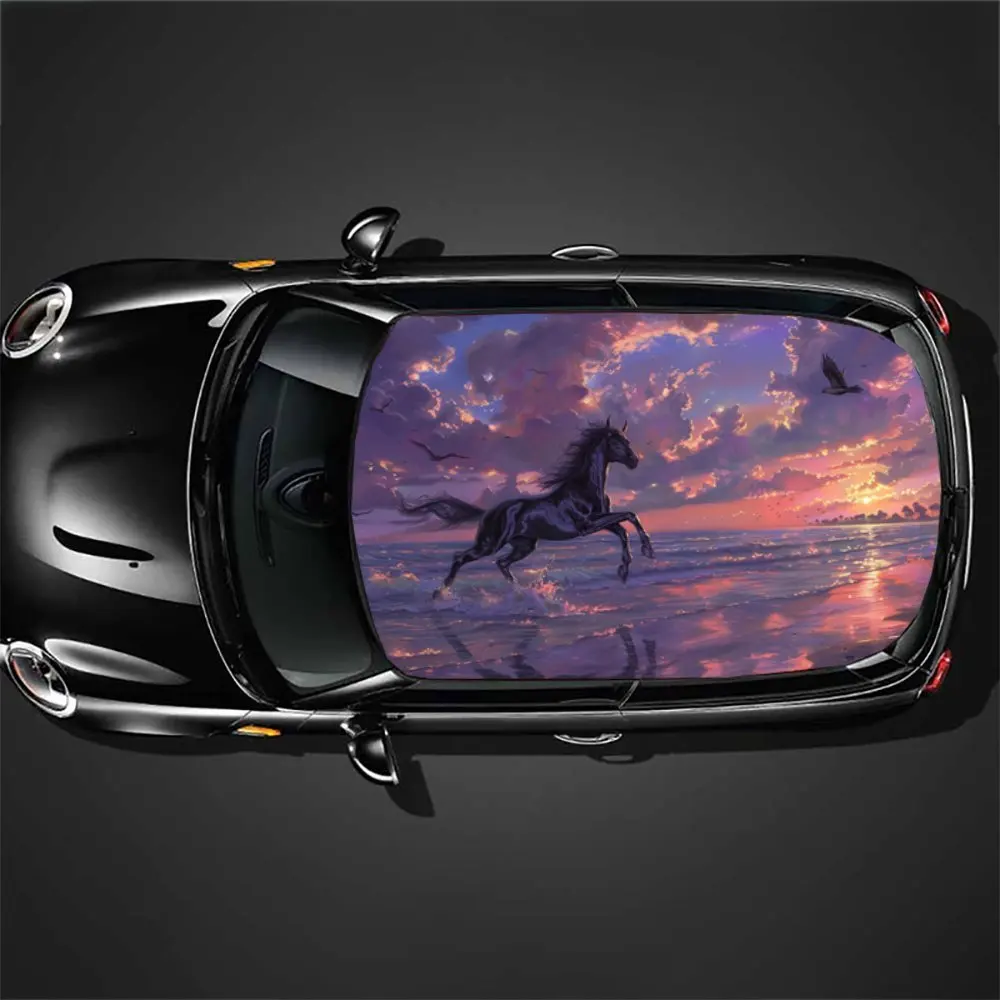 صورة ظلية للحصان الحالم: رسومات ركوبية مروحة مجانية بين أمواج البحر وأغطية فينيل السيارة المتوهجة المسائية، سيارة فينيل #5