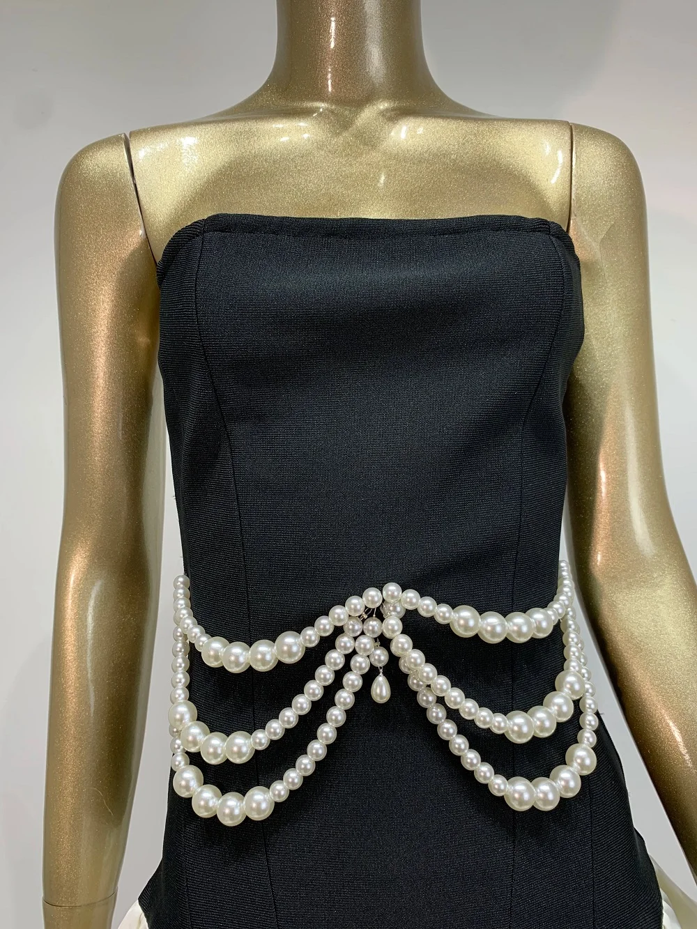 

2025 Women Strapless Backless Patchwork A Line Black Pearl Mini Summer Bodycon Bandage Dress Elegant Evening Club Party Dress