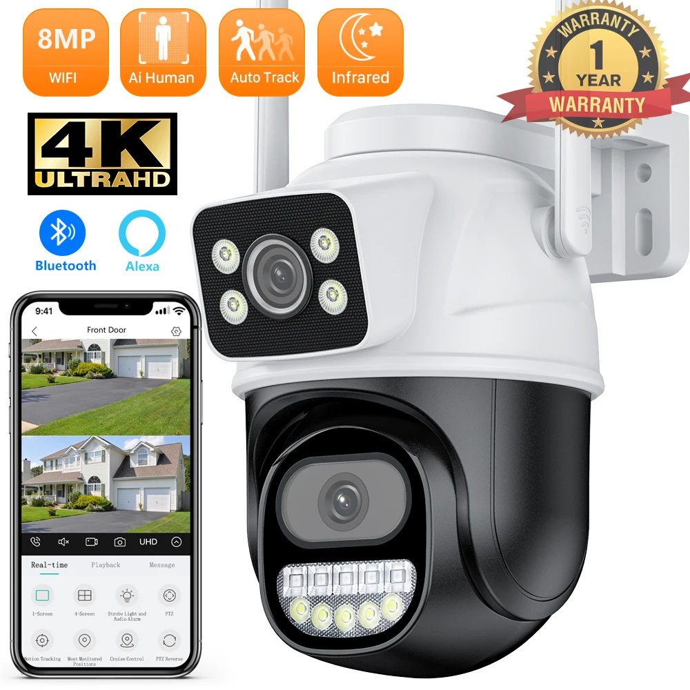 

4K 8MP Wifi PTZ Camera Outdoor Dual Lens 4MP 4X Digital Zoom AI Auto Tracking IP Camera CCTV Audio Video Surveillance P2P iCSee