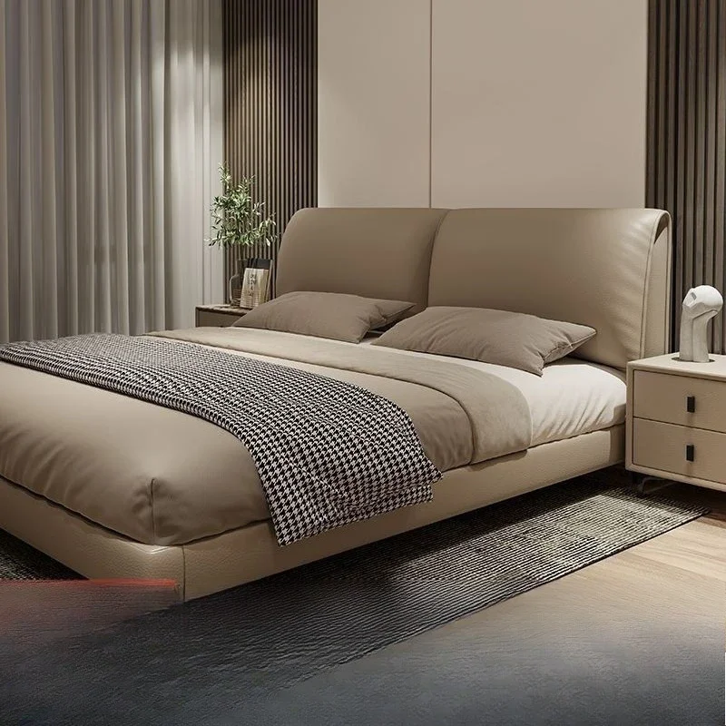 Italian minimalist, leather bed, master bedroom, wedding bed, sensor light, suspension