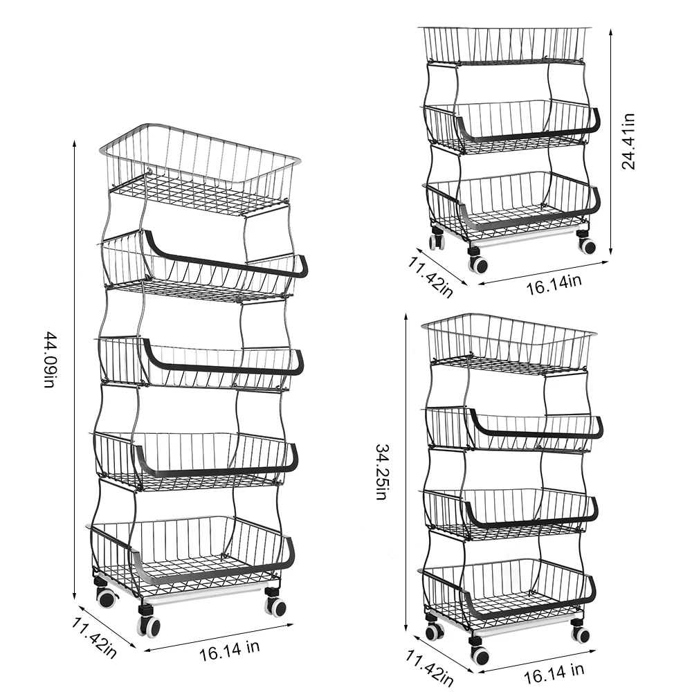 5-Tier Kitchen Carts on Wheels Metal Fruit Vegetable Storage Basket with Mesh Baskets for Kitchen Bathroom Living Room Office