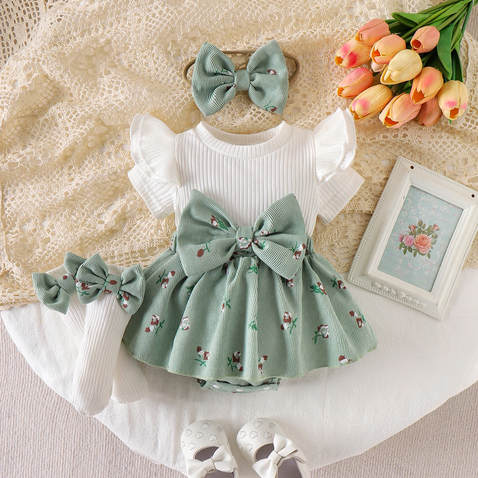 3pcs Summer Cross-border New Designs for Adorable Girls. Short-sleeved Dresses for Children Aged 0-1 Years Old.