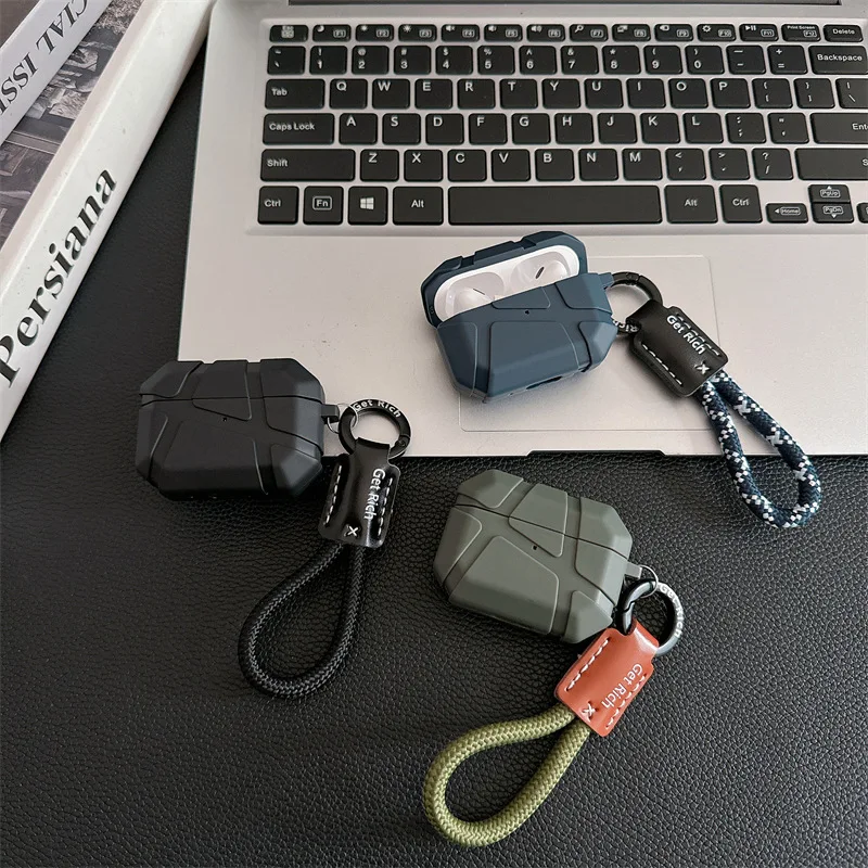 

For Airpods 4 Case 2024,Luxury Military Rugged Shockproof Earphone TPU Earphone Cover For Airpods Pro 2 Case With Lanyard