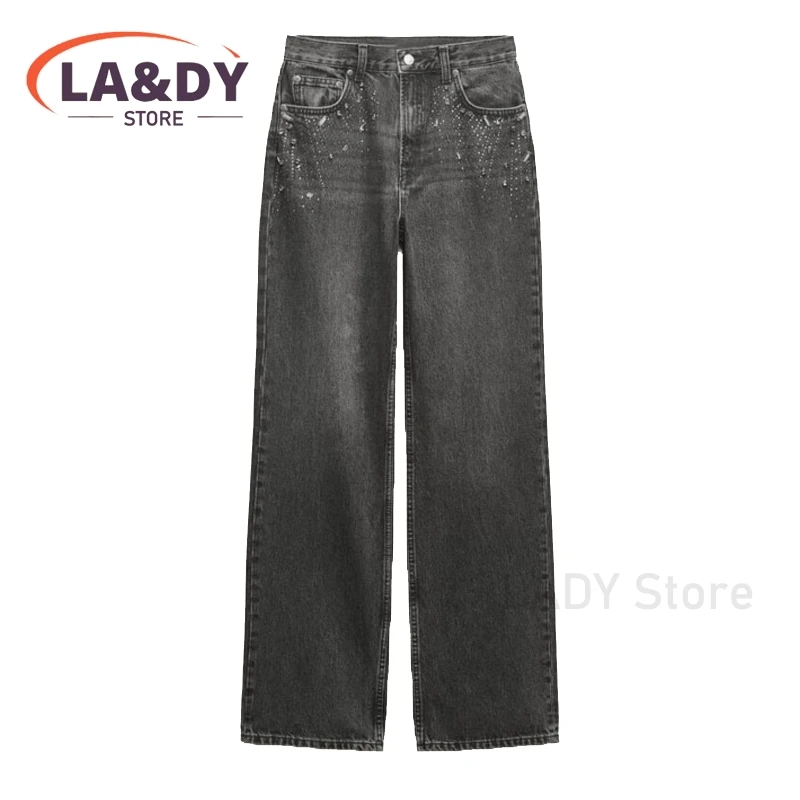 Pants Women 2024 Spring Autumn Fashion Jewelry design Straight Jeans Female Casual Loose Pockets Denim Trousers