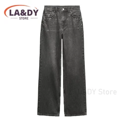 Pants Women 2024 Spring Autumn Fashion Jewelry design Straight Jeans Female Casual Loose Pockets Denim Trousers