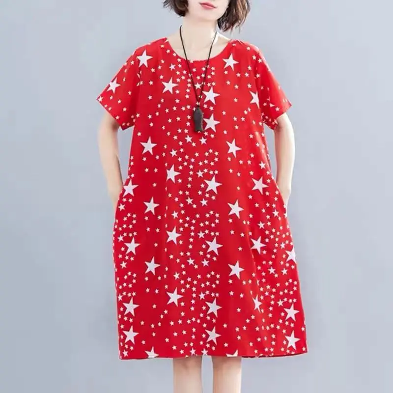 

Summer Clothes Women Pentagram Print Short Sleeve Fashion O-Neck Oblique Insertion Pockets Loose Pullover Red Knee Length Dress