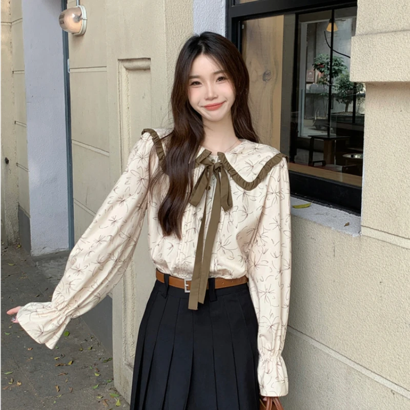 French Vintage Women Shirt Spring New Floral Peter Pan Collar Button Tops Preppy Style Cute Versatile Niche Blouse Female