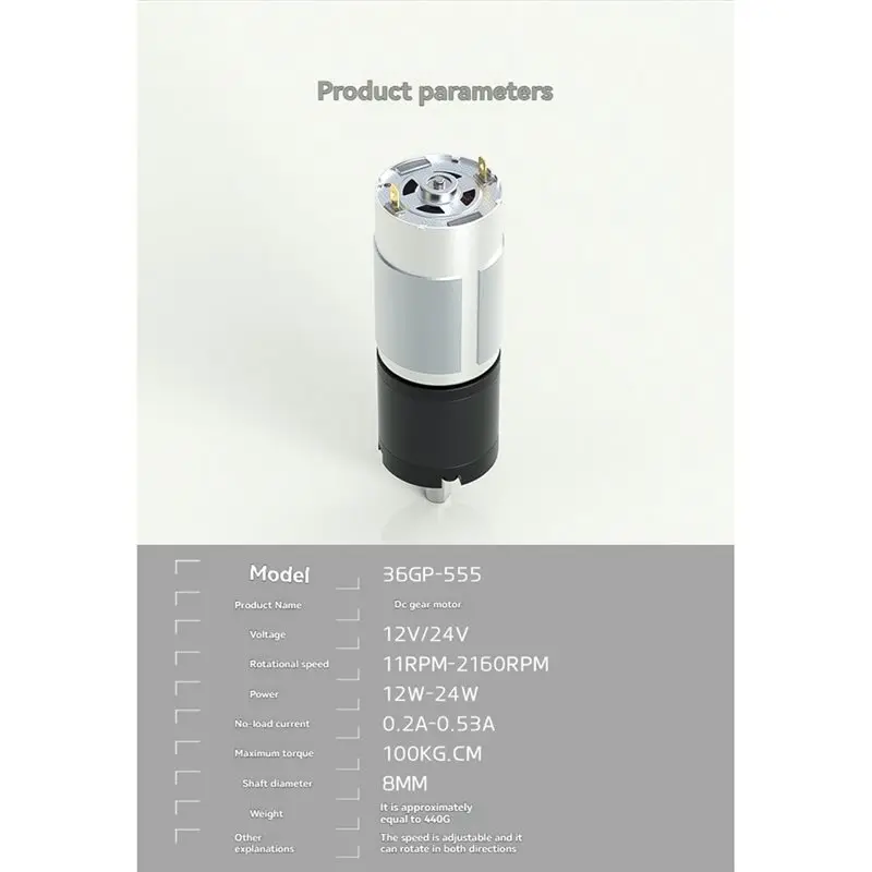 DT39 36GP-555 Brushed Geared DC Motor 12V/24V 2160RPM Reversible Rotation Adjustable Speed Torque Up to 100KG cm 24V