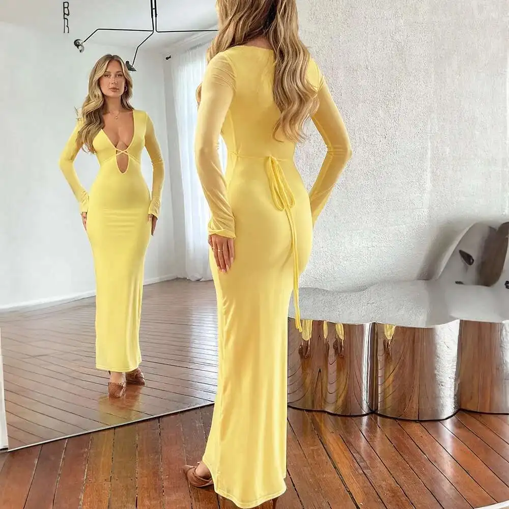 Sexy moulante Club robes de soirée femmes 2025 automne longue Robe évider maille à manches longues col en V profond à lacets mince Robe de pansement