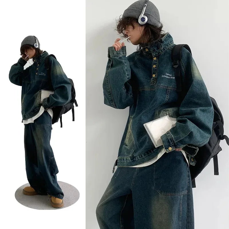 Retro Denim Set Men Loose Vintage Cowboy Hooded Pullover +wide-leg Jeans Male 2-piece Set Japanese Street Spring Autumn Suits