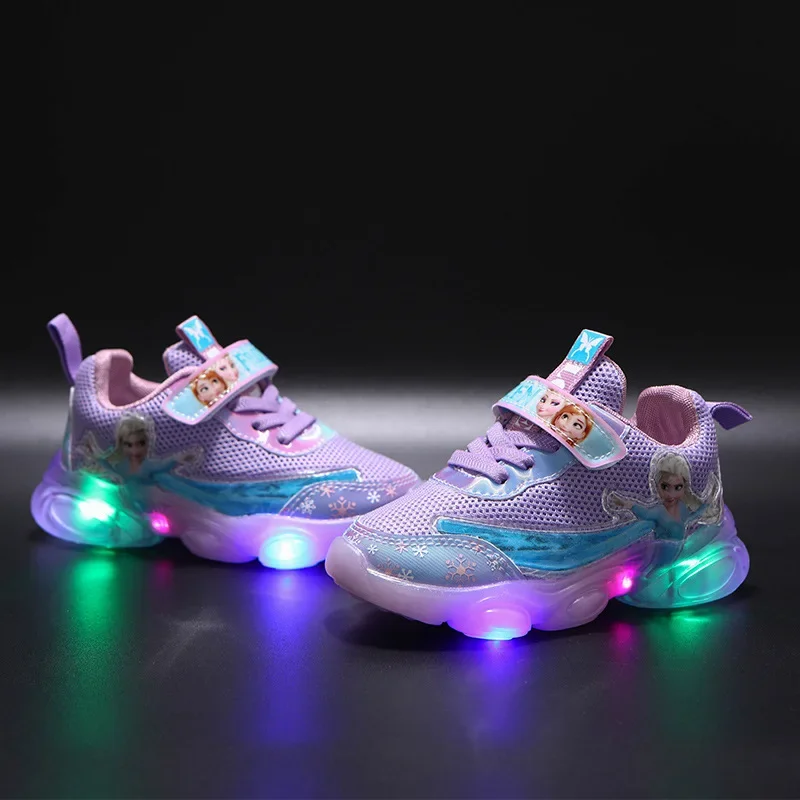 Disney LED Casual Sneakers per ragazze estive Frozen Elsa Princess Print Mesh scarpe traspiranti scarpe antiscivolo illuminate per bambini