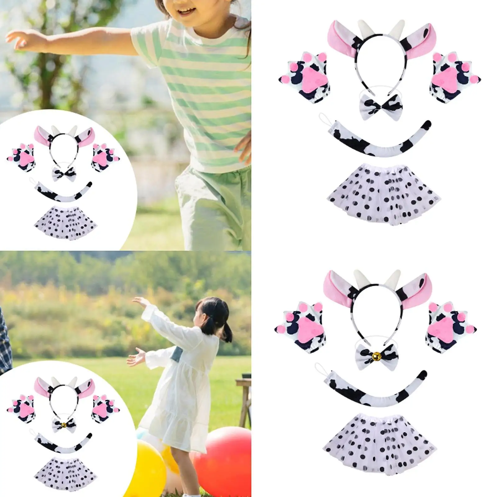 

Cow Cosplay Set Ears Headband Bow Tie Skit Gloves Tail Set for Holidays Gift