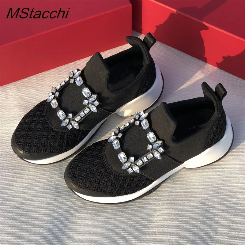 Crystal Buckle Womens Sneakers Elastic Breathable Mesh Platform Shoes Slip-on Trainers Sneakers Women Thick Bottom Casual Shoes