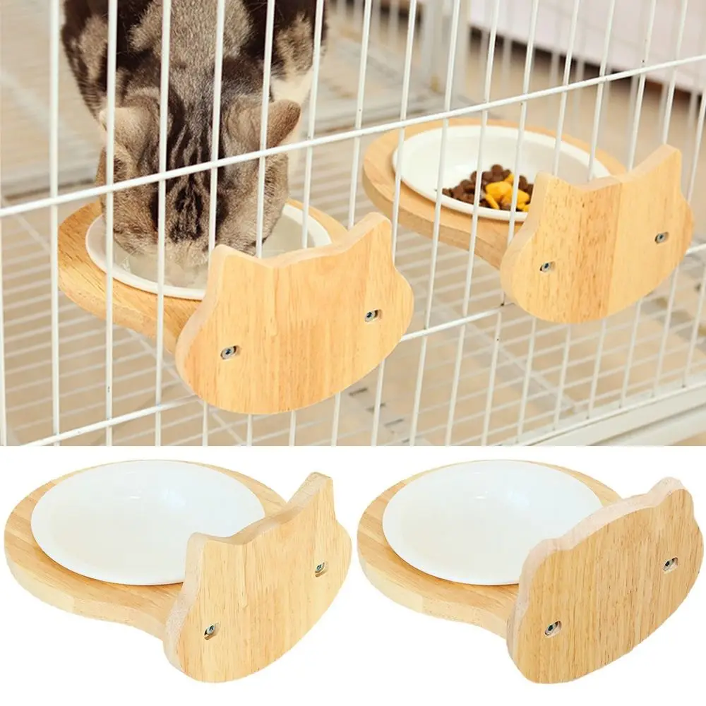 Wooden Base Hanging Pet Feeding Bowl Cat/Bear Shape Fixed Cat Cage Food Feeders Removable Suspension Design