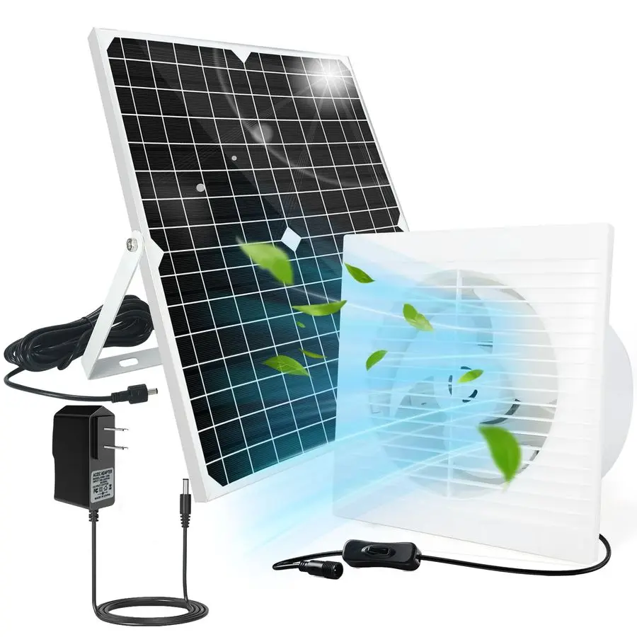 

Powered Fan, 9.1 Solar Exhaust Fan Kit, 25W Waterproof Chicken Coop Fans with 14.8Ft On Off Switch Cable amp Power Adapter, Cool