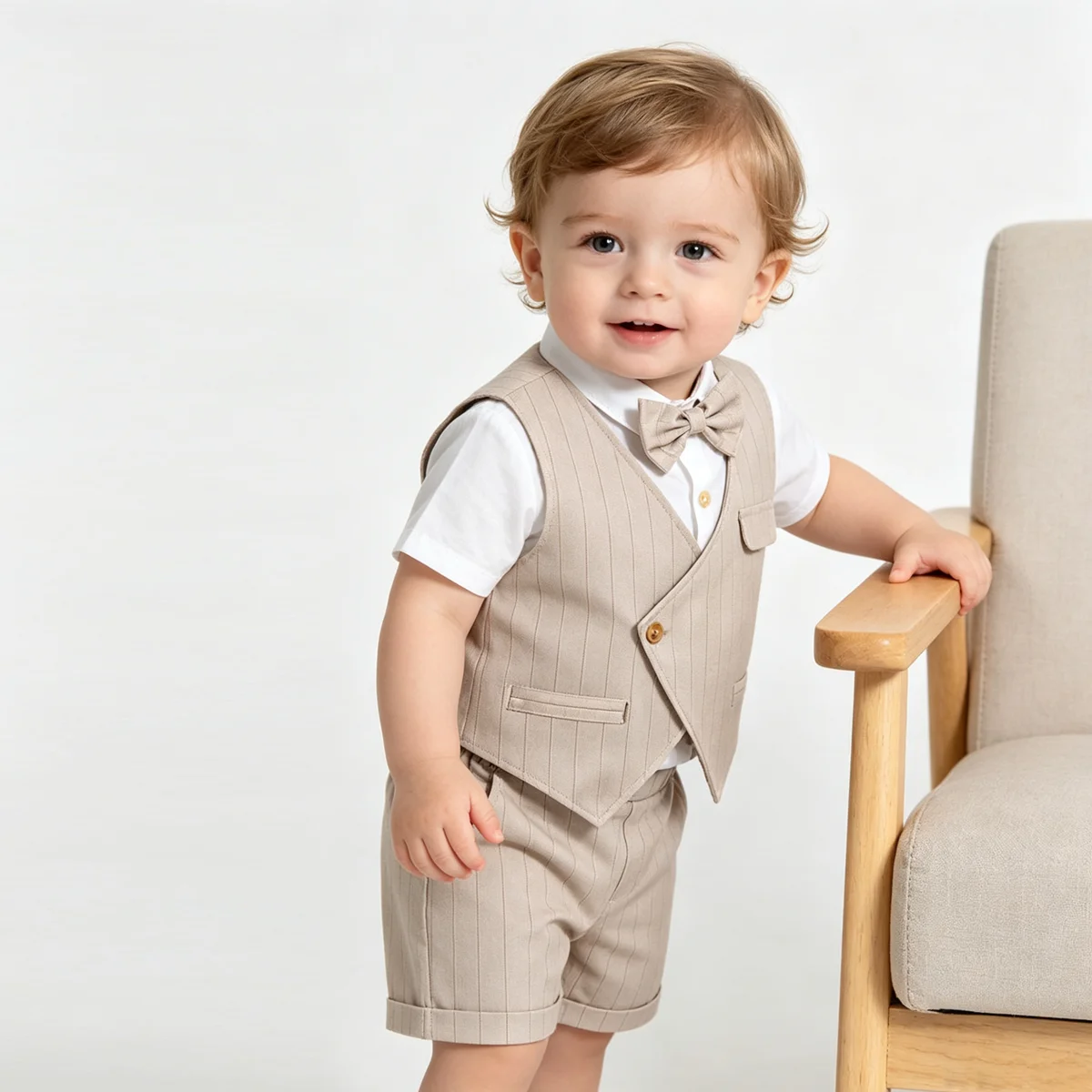 Baby Boys Khaki Striped Gentleman Suit 3 Piece Short Sleeve Shirt BowTie Vest Shorts Kids Formal Wedding Photograph  Costume Set