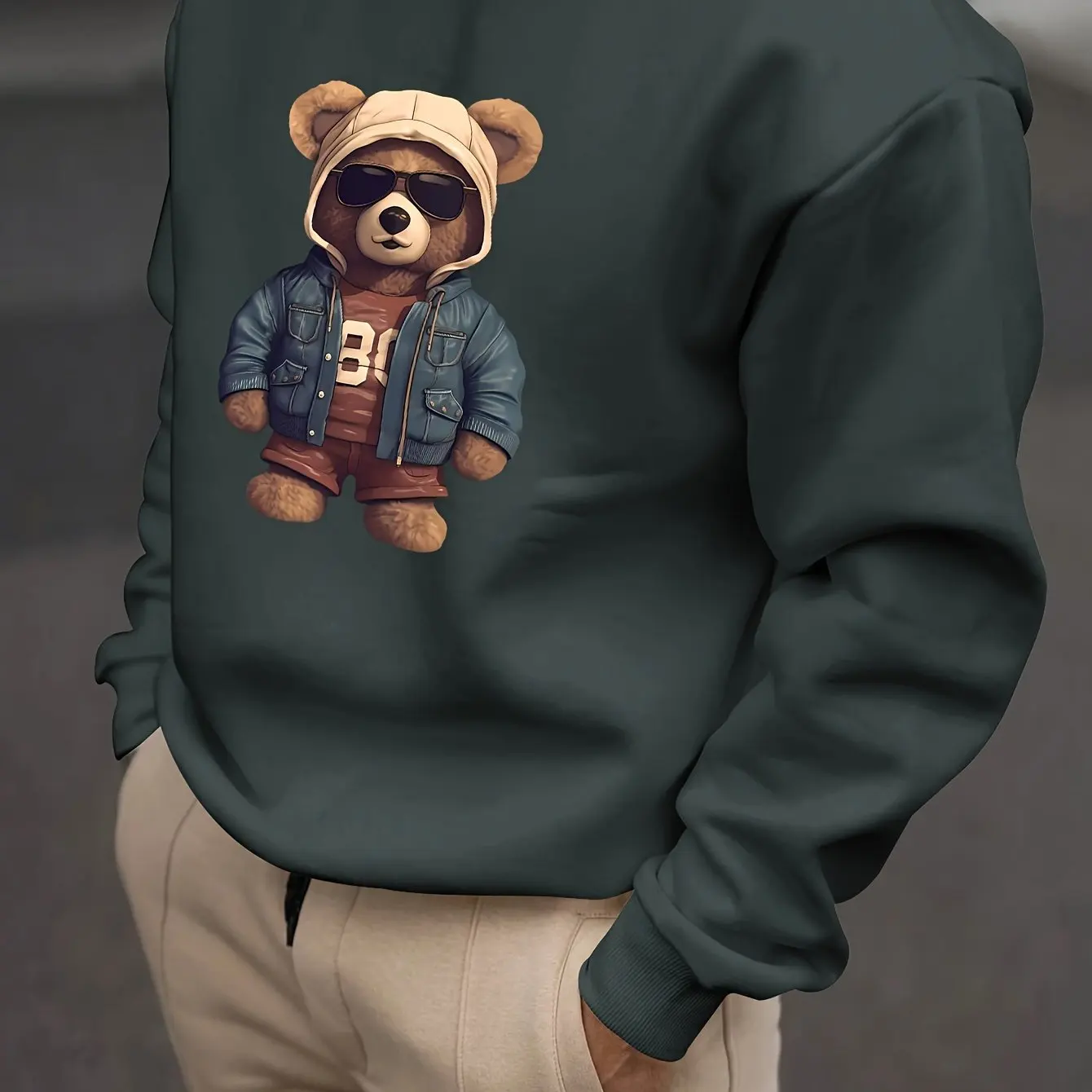 Fashion Cute Bear Graphic Men's Sweatshirts Autumn Loose Breathable Long Sleeve Clothes Simple Design Loose Round Neck Pullovers