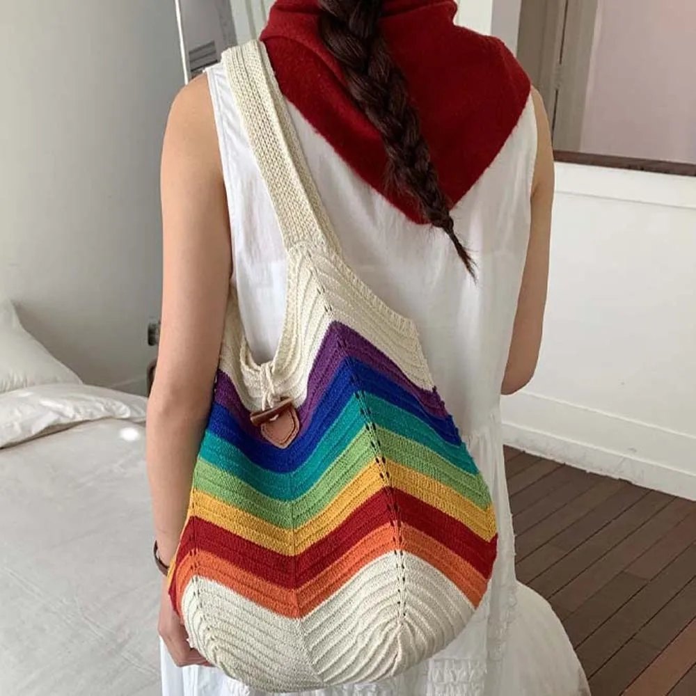 

Sweet Knitted Tote Bag Large Capacity Breathable Crochet Shoulder Bag Lightweight Polyester Seaside Vacation Handbag Daily