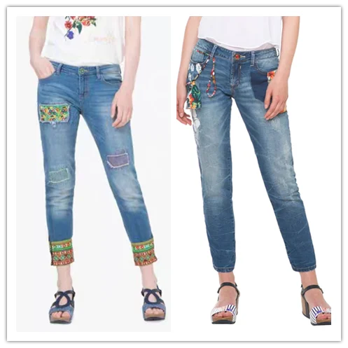 

Foreign trade original single Spanish new fashion heavy industry embroidery nail bead elastic slim jeans