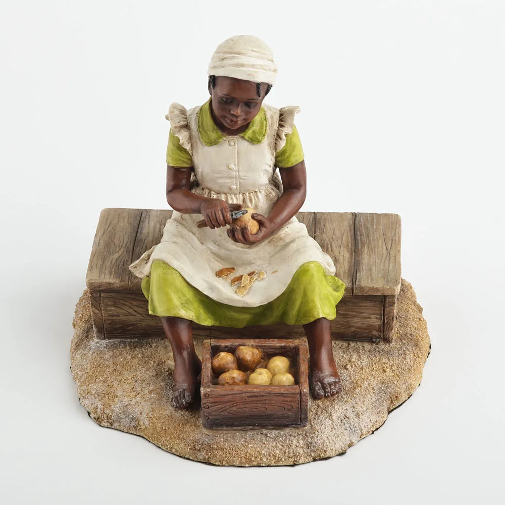 Young Black Girl Sculpture Peeling Potatoes on Wooden Bench Vintage Countryside Daily Scene Resin Art Statue Home Decor Ornamnet