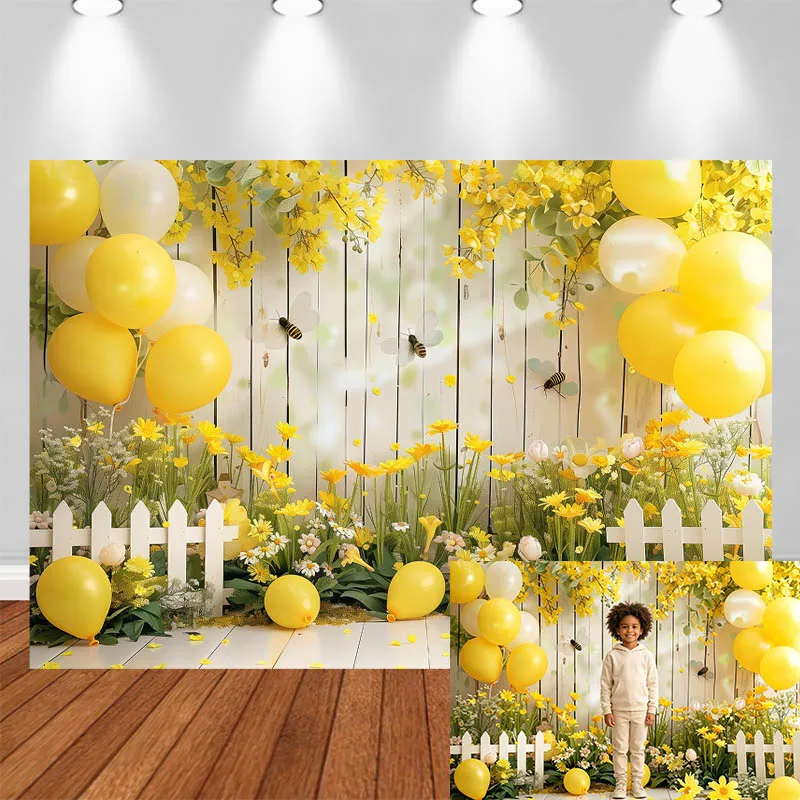 LS Photography Backdrop Yellow Balloon Bee Flower Fence Decor Birthday Cake Smash Baby Shower Kids Portrait Photo Background