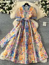 Elegant Retro Print Flower Long Dresses Women Summer Autumn Holiday Palace Style National Trench Belt V Neck Party Dress