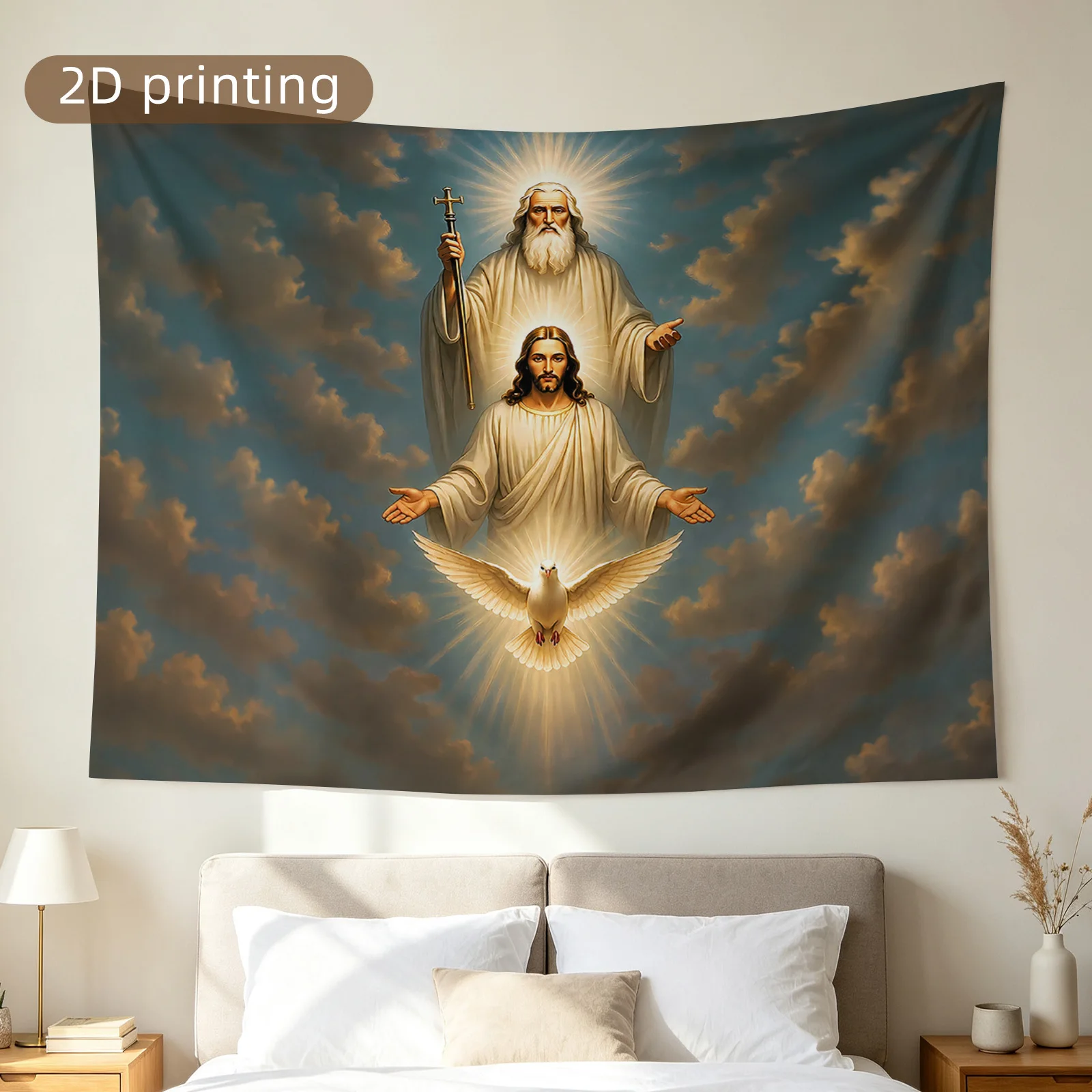 Majestic Christian Tapestry Wall Hanging Divine Trinity Religious Art Decor Jesus Christ Holy Spirit Dove Spiritual Home Accent