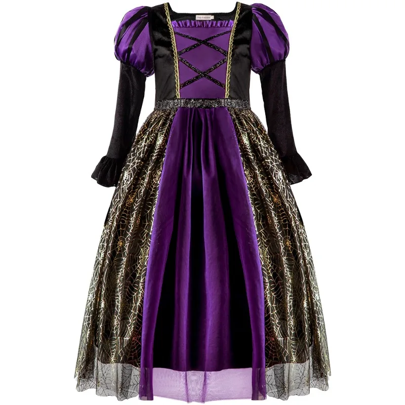 Girls Halloween Witch Costume Children Cosplay Vampire Dresses with Pointed Hat Kids Carnival Party Cosplay Fancy Dress