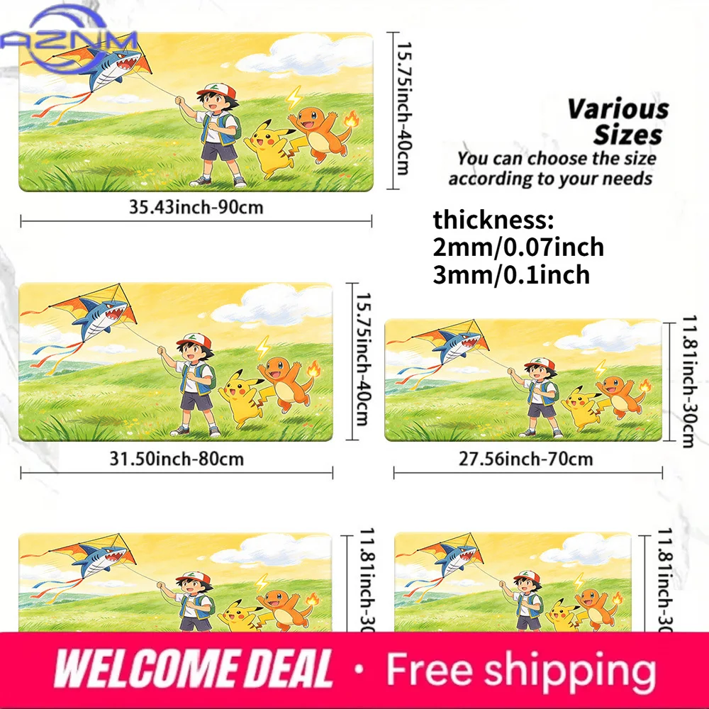 Anime Pokemon Ash Pikachu Charmander Kite Flying Large Extended Gaming Mouse Pad Non-Slip TCG Playmat 2mm 3mm Thick