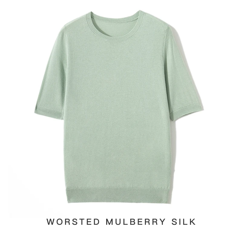 85% Mulberry Silk and 15% Cashmere Short Sleeved Women\'s Summer Round Neck Pullover Vest Casual Knitted T-Shirt Thin Top