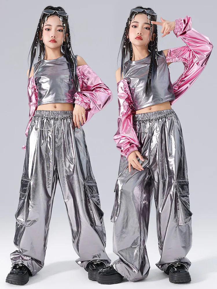 Crianças kpop hip hop roupas retalhos colheita topo streetwear prata calças de carga para meninas jazz dança traje roupas