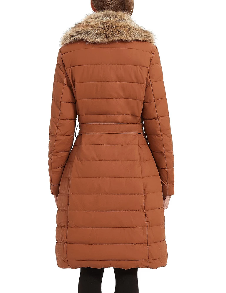 Giolshon Leather Puffer Jacket For Women Winter Bubble Padding Long Puffer Coats With Detachable Faux Fur Collar