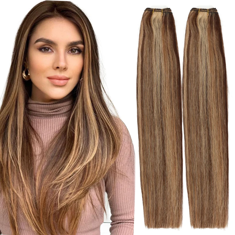 人間の髪の毛の束、ブロンドの機械製レミー毛ストレート人毛束、12、16、20、24インチ、縫い付け式ヘアエクステンション