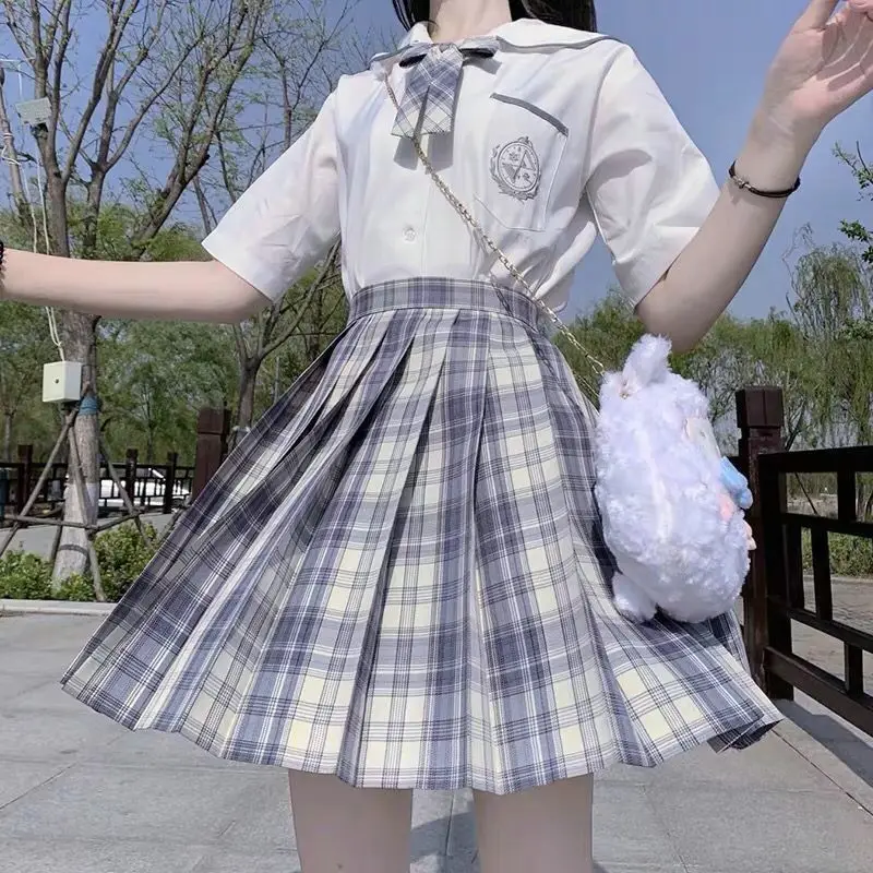 Japanese High School Girl Uniforms Set High Waist A-Line Plaid Pleated Skirts and White Shirt Clothes Set JK Uniforms Woman