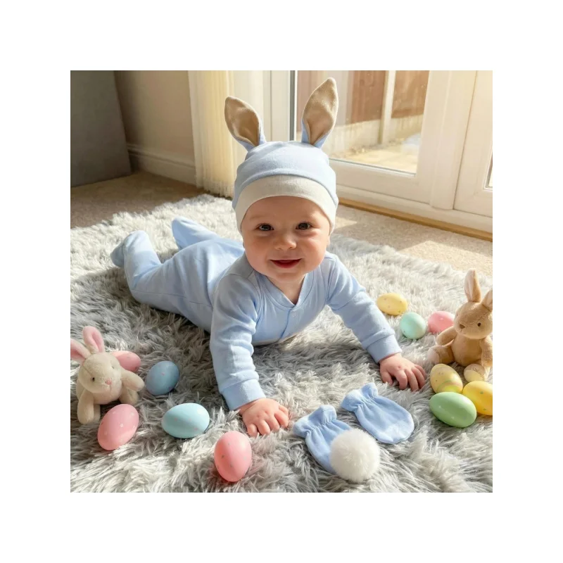Newborn Bunny Theme Romper Set，Soft pure cotton romper with matching ear hat、Mittens and rabbit tail，Skin-friendly and cute desi