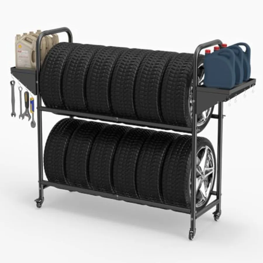 Estante de almacenamiento de neumáticos para garaje, tubo de acero negro y ABS, ajustable de 24.80-42.51'' x 15.35'' x 44.09'', incluye 8 ganchos en forma de S y 2 estantes