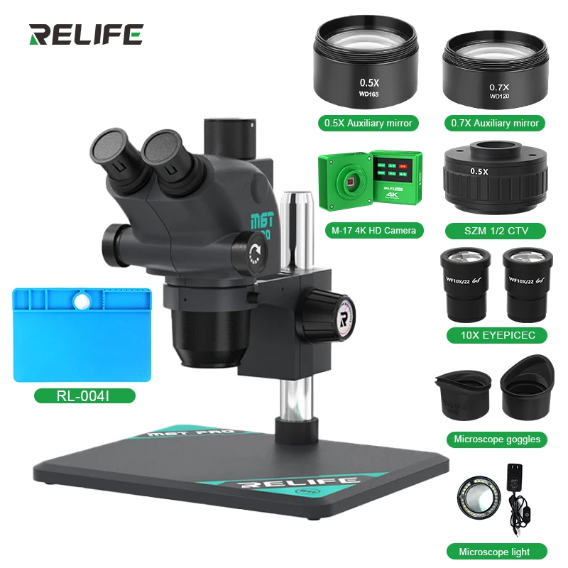 

RELIFE RL-M6T Pro-B11 Trinocular HD Stereo Microscope 6.5X-65X Continuous Zoom 360° Rotating Head Mobile PCB Repair Station